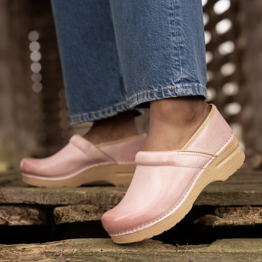 An on-foot look at the neutral pink colored Professional clogs.