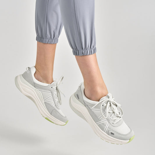 Close up of grey sneaker.